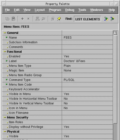 Property Palette of the Oracle Forms menu item FEES