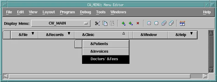 Oracle Forms Menu Editor with the Clinic menu open