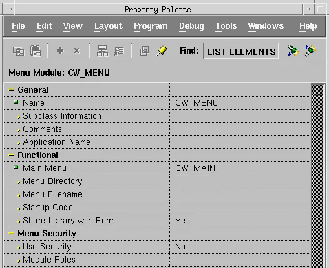 Property Palette of the Oracle Forms menu module CW_MENU