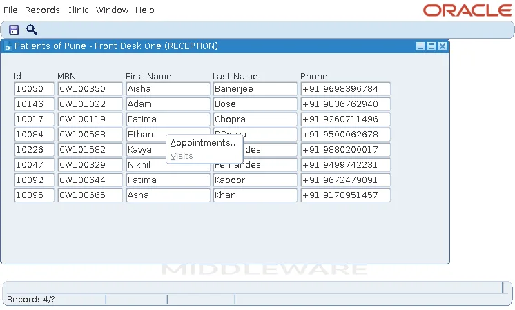 Oracle Forms popup menu with the Visits item disabled for a receptionist
