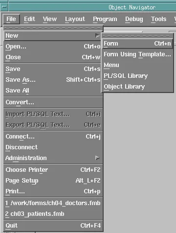 File New menu in Oracle Forms Builder for creating form, menu, library, and object library modules