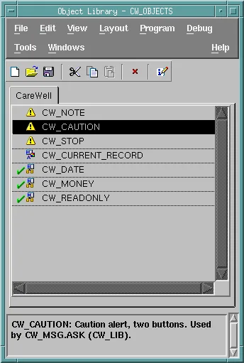 Oracle Forms Object Library window with alerts, visual attributes, property classes, and SmartClasses