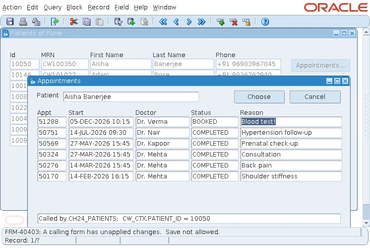 Oracle Forms FRM-40403 A calling form has unapplied changes