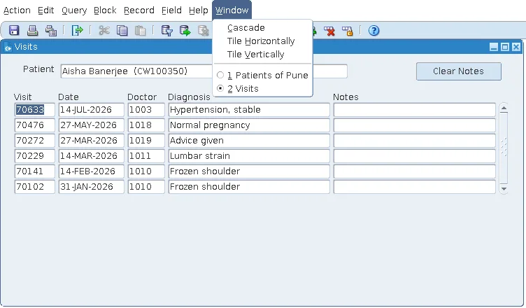 Oracle Forms Window menu listing two open forms