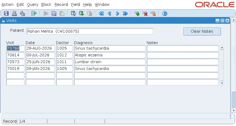 Oracle Forms visits form started for patient 10125 by a parameter in the URL