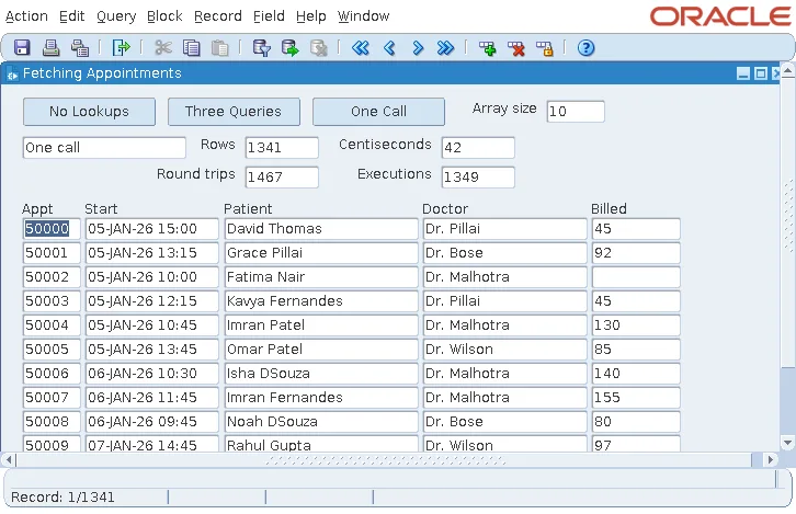 Oracle Forms form measuring 1,467 round trips with one stored procedure call per row