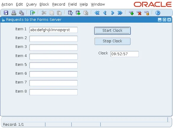 Oracle Forms form with eight items and a clock used to count Forms server requests