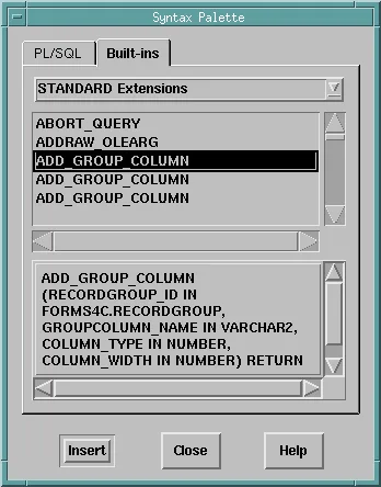 Oracle Forms Syntax Palette with a built-in selected