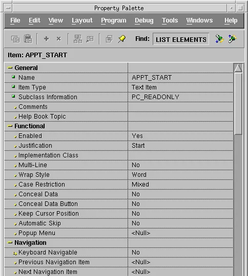 Oracle Forms item APPT_START inheriting properties from the property class PC_READONLY