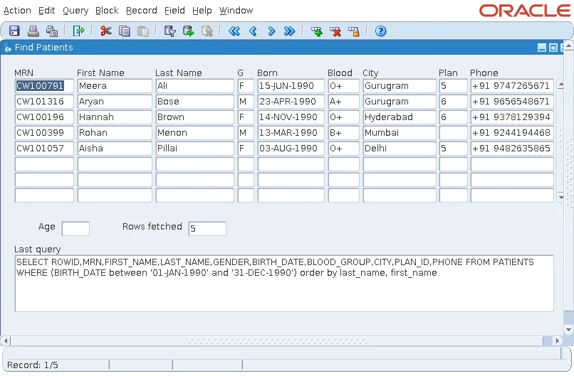 Oracle Forms query with #between on birth dates and the resulting SQL