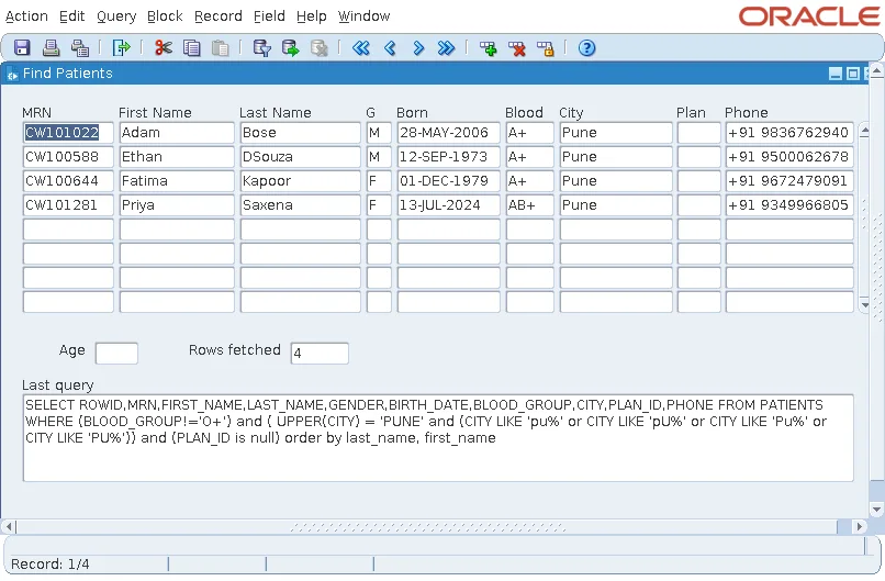 Oracle Forms query using the not-equal operator, a case-insensitive city, and #is null