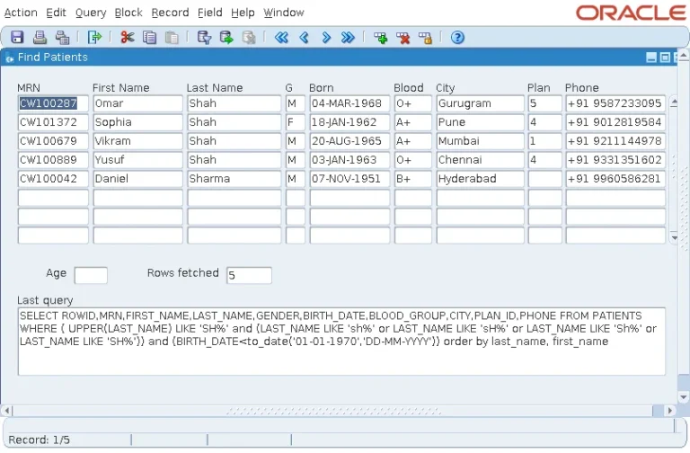Oracle Forms query by example result with five patients and the SQL Forms built