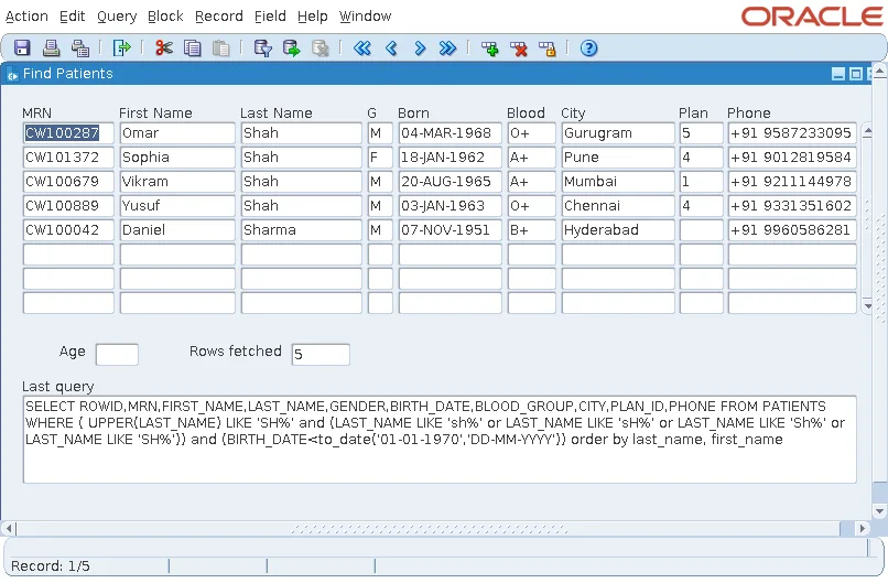 Oracle Forms query by example result with five patients and the SQL Forms built