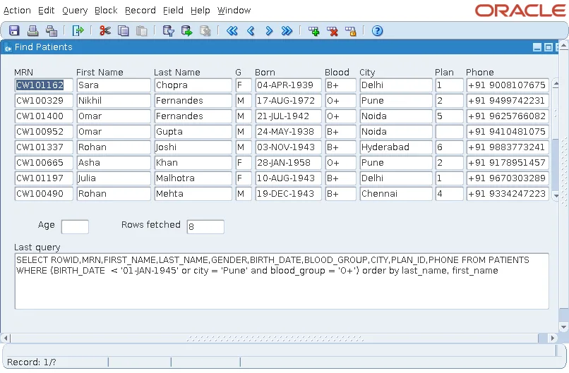 Result of an Oracle Forms Query/Where condition with the SQL shown below the block