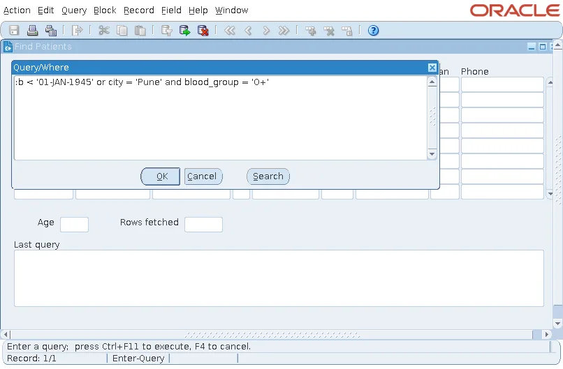 Oracle Forms Query/Where window for typing a WHERE condition
