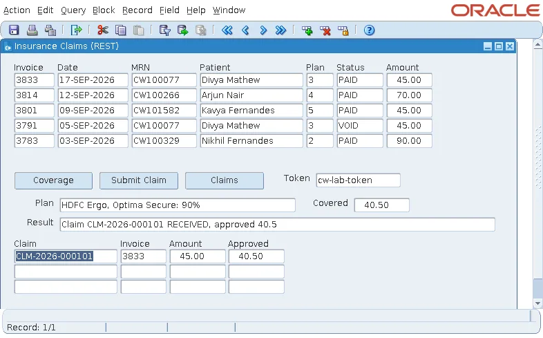 Oracle Forms form showing insurance coverage, a submitted claim, and claims from a REST service