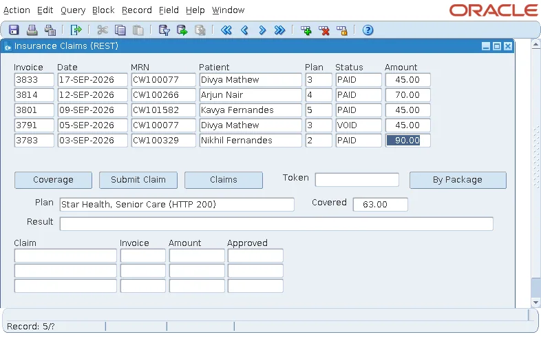 Oracle Forms form showing insurance coverage read through a generated REST package