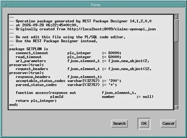 Preview of the generated GETPLAN REST package in Oracle Forms