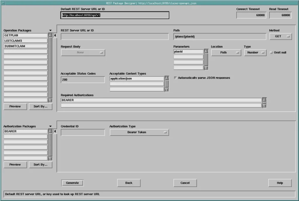 Oracle Forms REST Package Designer showing the operations of a claims service