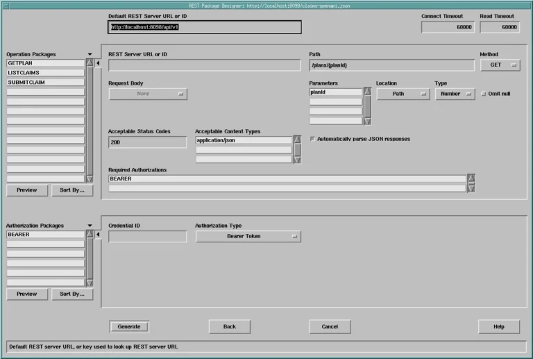 Oracle Forms REST Package Designer showing the operations of a claims service