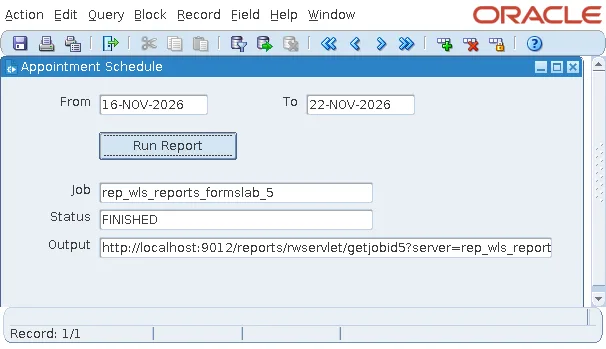 Oracle Forms form after running a report with RUN_REPORT_OBJECT, showing the job and URL