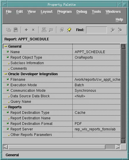 Property Palette of an Oracle Forms report object of type OraReports