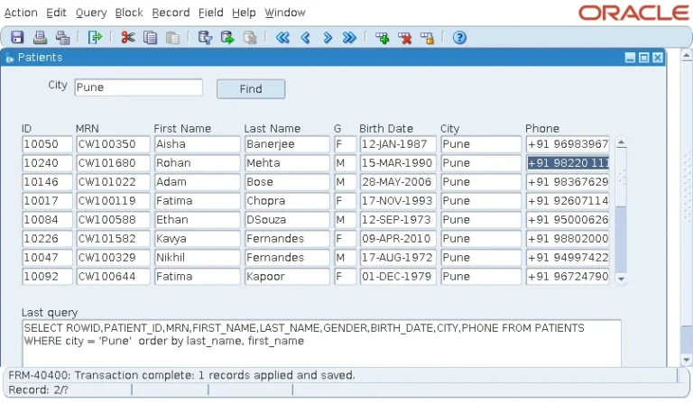 New patient saved in Oracle Forms with a key from PATIENTS_SEQ and a derived MRN