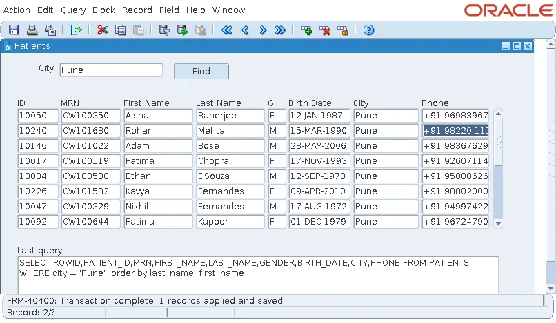 New patient saved in Oracle Forms with a key from PATIENTS_SEQ and a derived MRN
