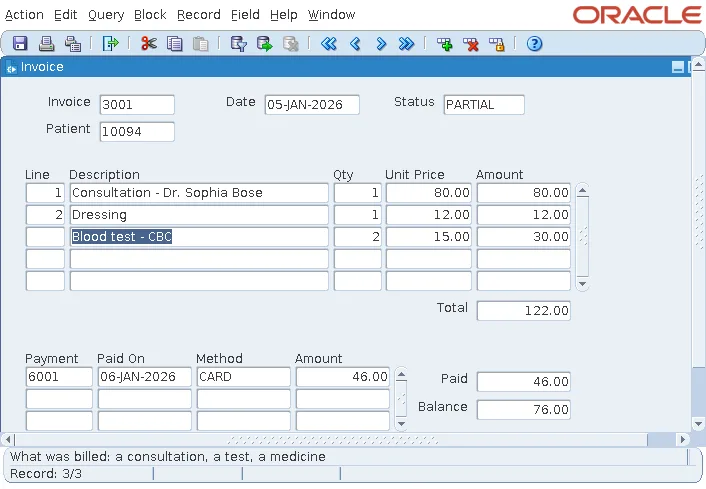 Oracle Forms invoice form with formatted text items and computed display items