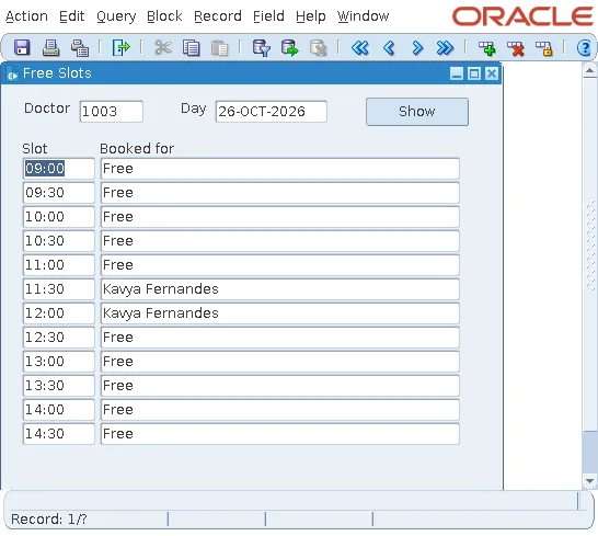 Oracle Forms block on transactional triggers showing a doctor's half-hour slots