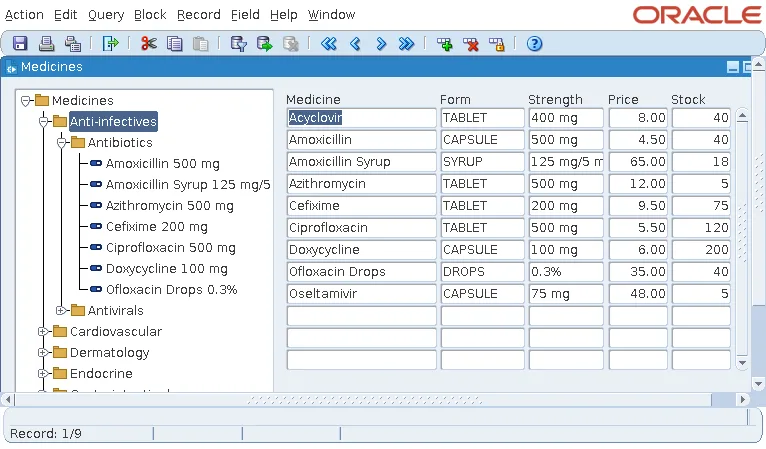 Selecting a category in an Oracle Forms tree lists the medicines of its subcategories