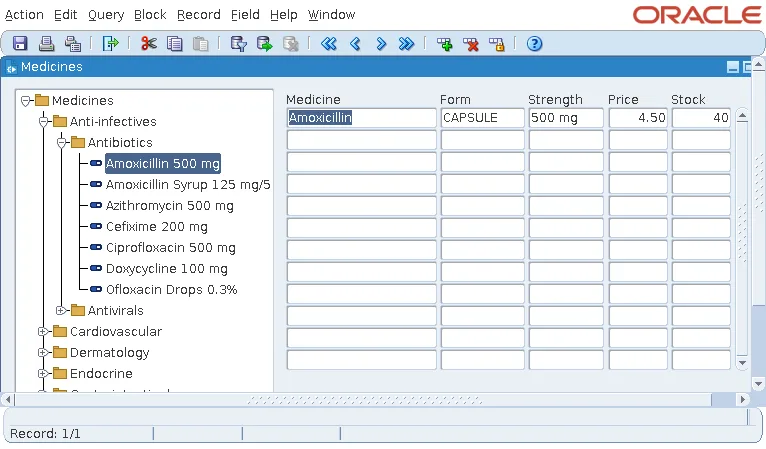 Oracle Forms hierarchical tree of medicine categories with a medicine selected