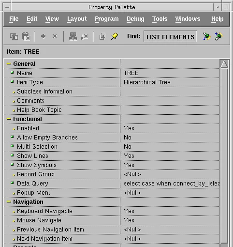 Property Palette of an Oracle Forms hierarchical tree item