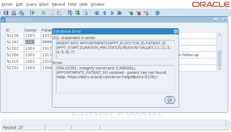 Oracle Forms Display Error window showing the database error behind FRM-40508