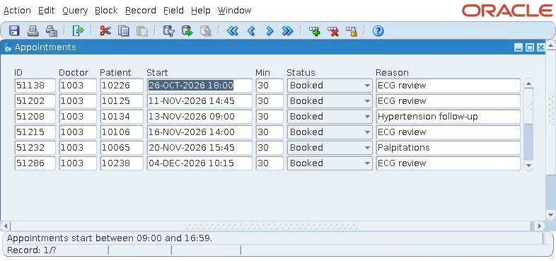 Oracle Forms WHEN-VALIDATE-ITEM refusing a start time outside clinic hours