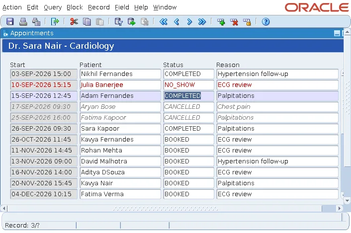 Oracle Forms schedule with cancelled records in gray, missed in red, and the current record highlighted