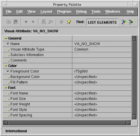 Property Palette of the Oracle Forms visual attribute VA_NO_SHOW
