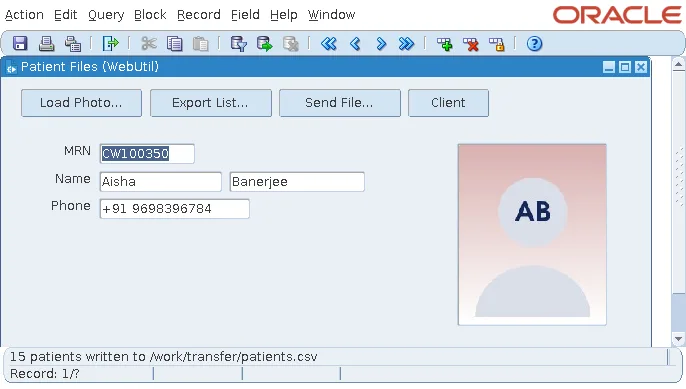 Oracle Forms message after writing 15 patients to a client CSV file