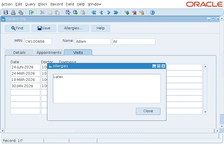 Oracle Forms modal dialog window opened by navigating to one of its items