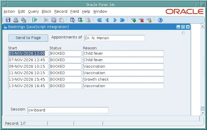 Oracle Forms form showing appointments after a click in the web page chart
