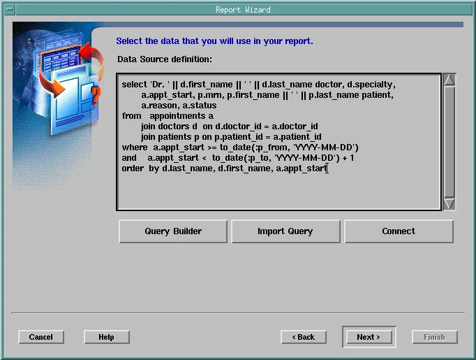 SQL query of an Oracle Reports report with bind variables