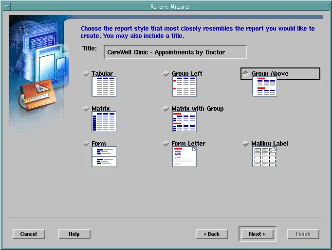 Oracle Reports Report Wizard title and style page with Group Above selected