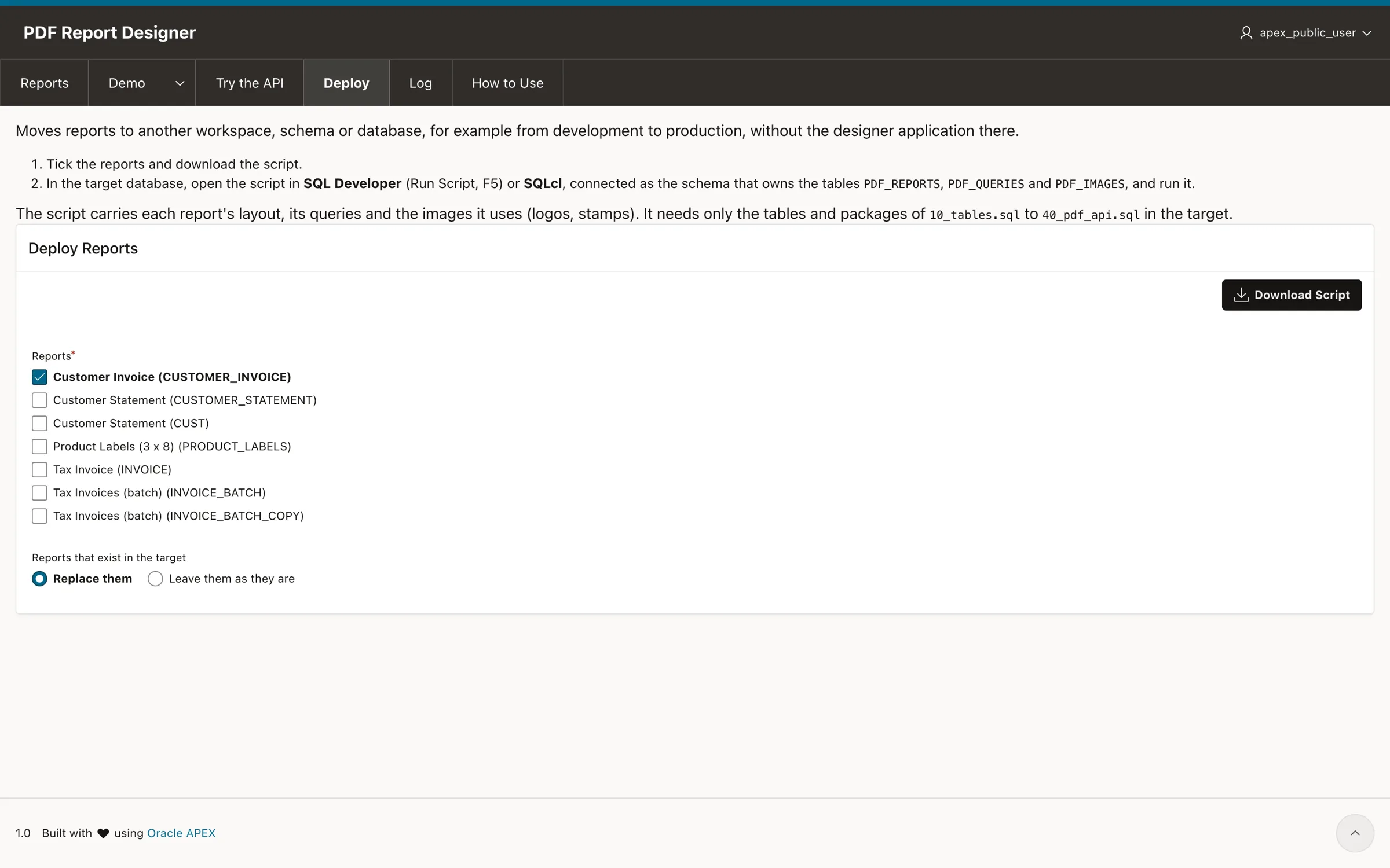 Deploy page that builds a SQL script to move PDF reports to production in Oracle APEX