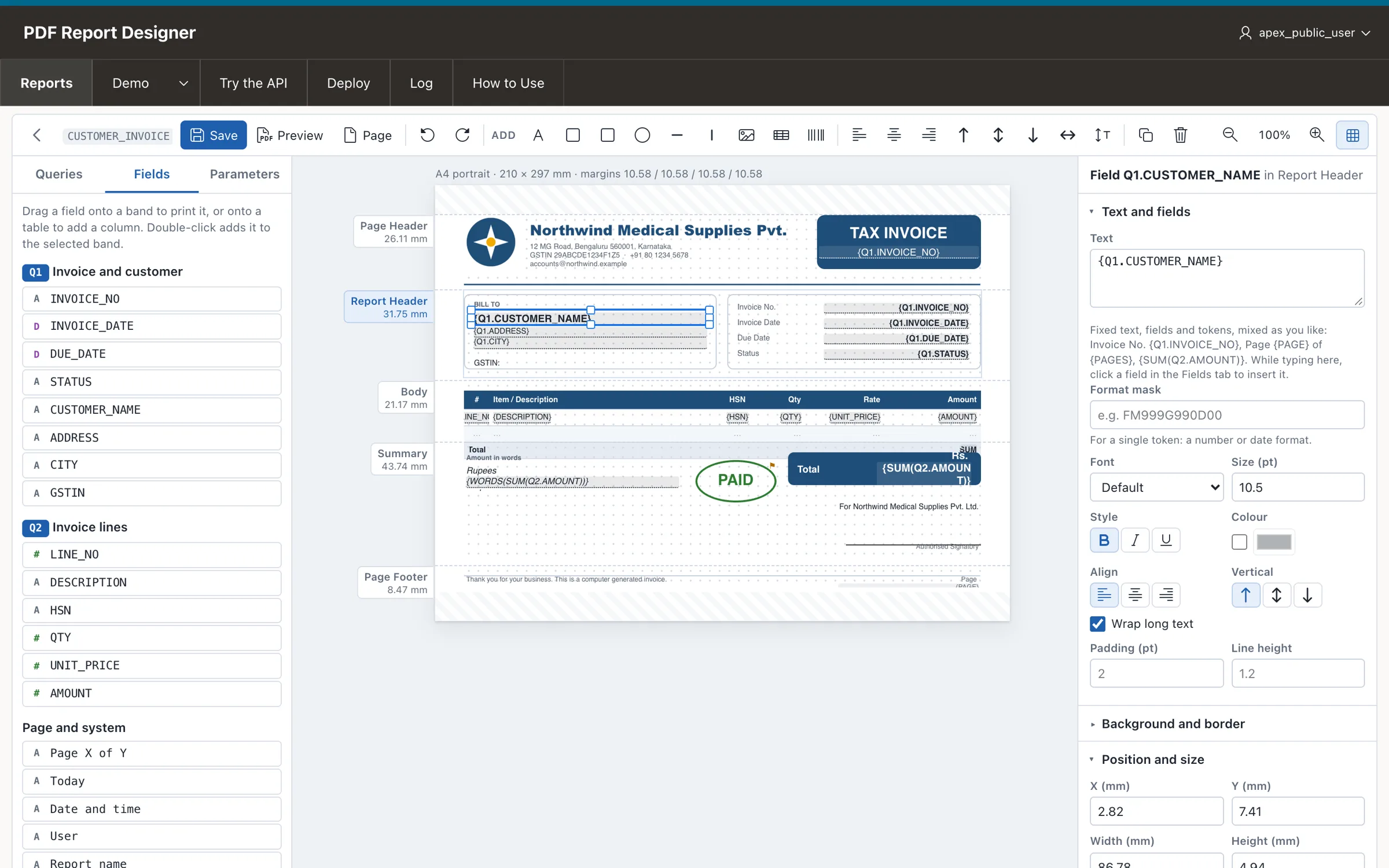 Dragging query fields onto the PDF canvas in Oracle APEX