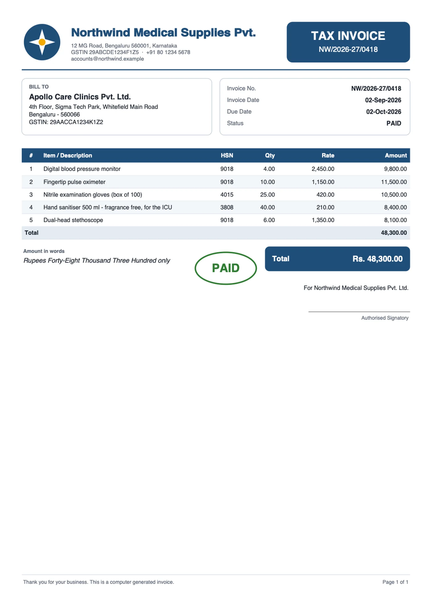 Invoice PDF created in Oracle APEX with a logo, line items, totals and a PAID stamp