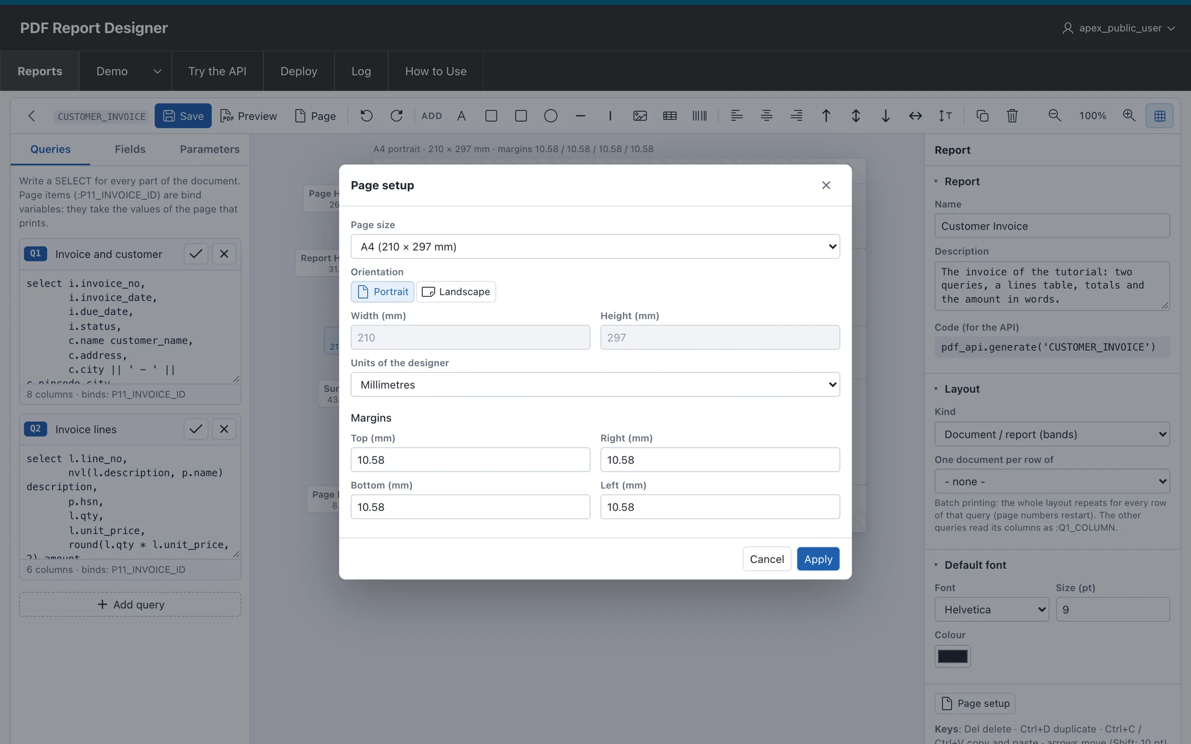 Page size, orientation and margins for a PDF report in Oracle APEX