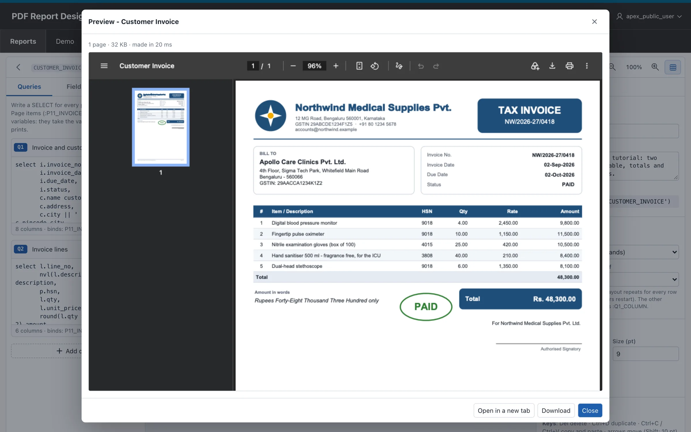 Live preview of a PDF invoice inside the Oracle APEX designer