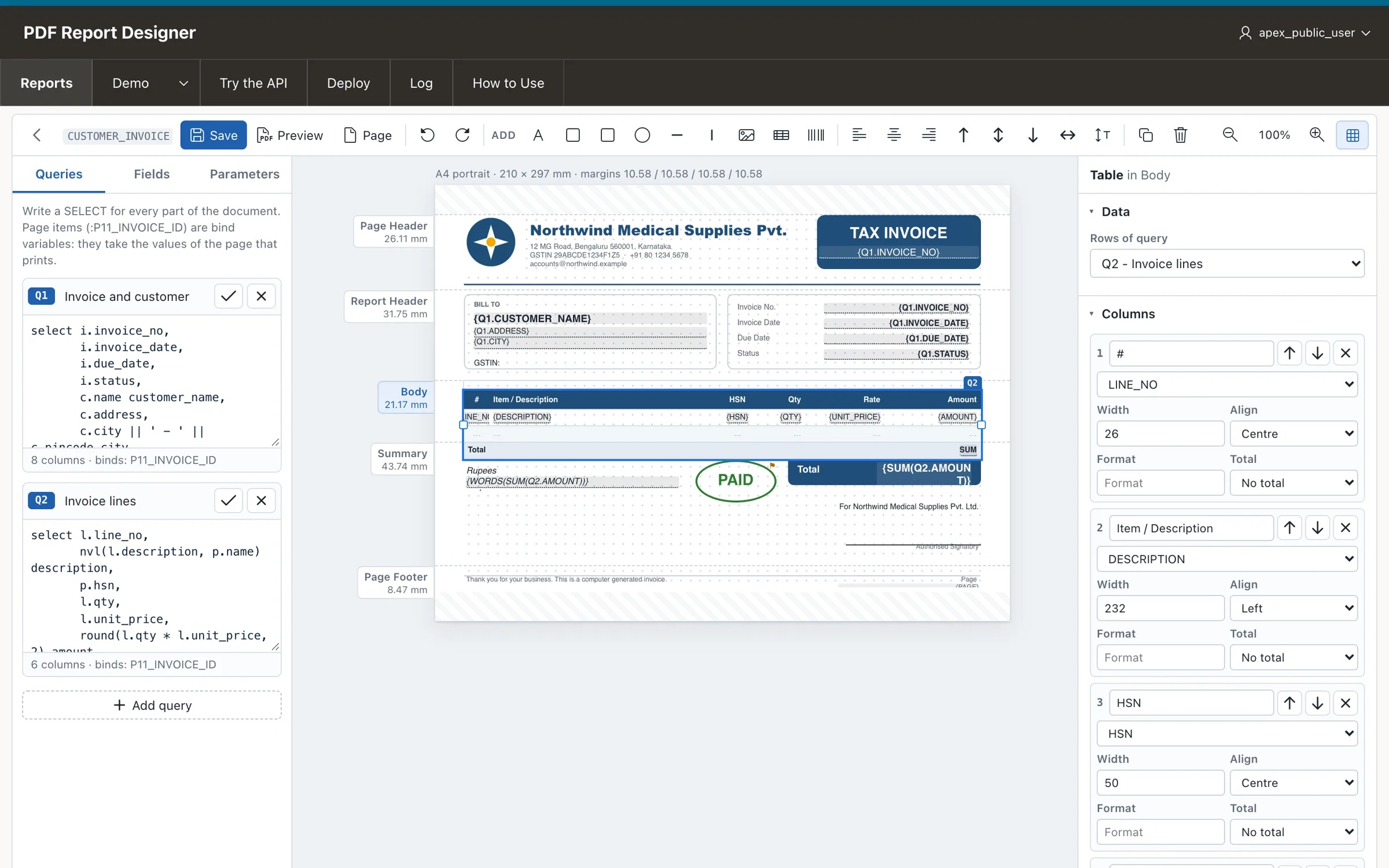 Invoice layout with bands and a lines table in the Oracle APEX PDF report designer