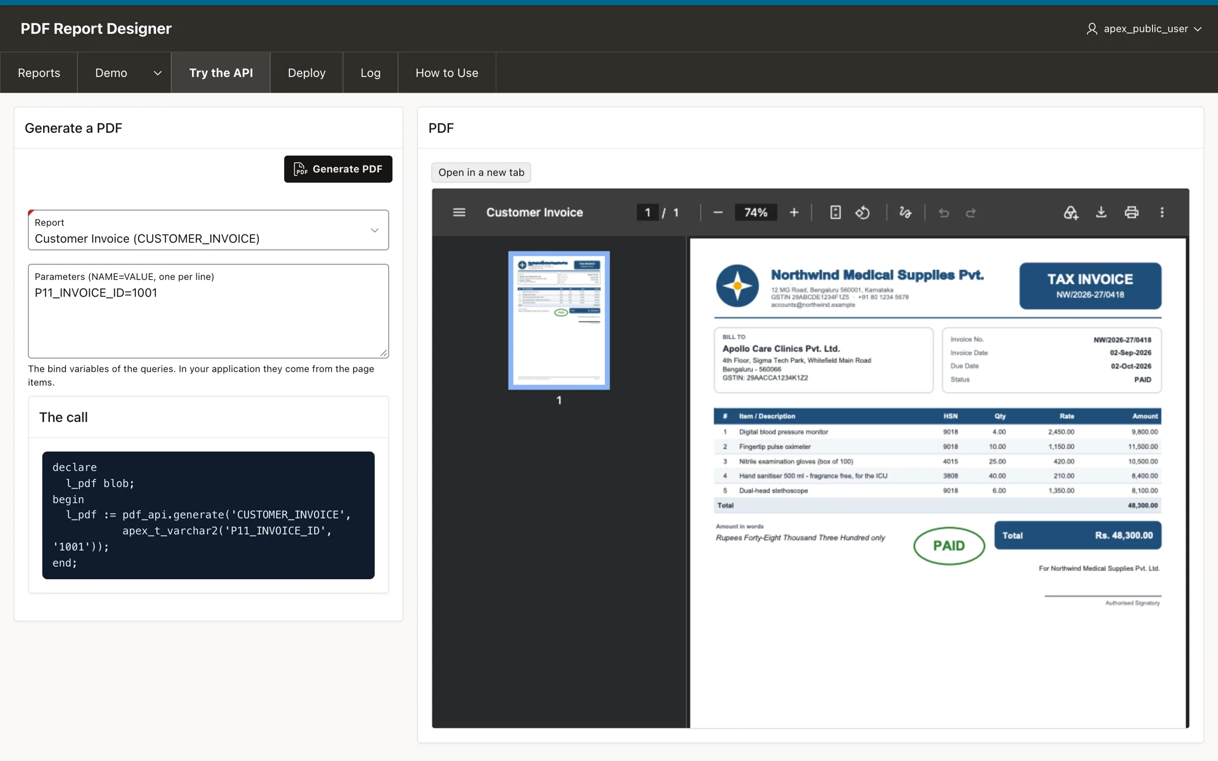 Try the API page generating the PL/SQL call for a PDF report in Oracle APEX