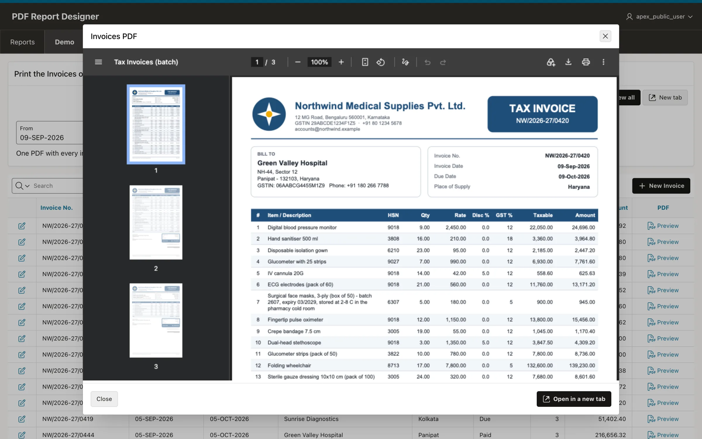 An APEX modal dialog showing a batch of tax invoices as a PDF